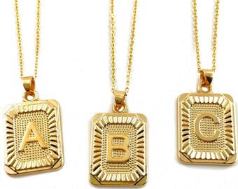 Initial Letter Engraved Rectangle Pendant Charm with Ball and Curb Chain Necklace - Gold