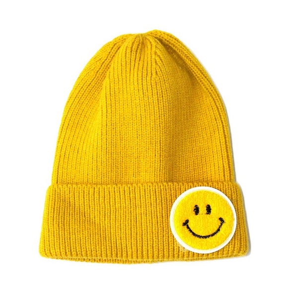 Mustard Yellow White Chenille Patch Smiley/Happy Face Knitted-Beanie Cuffed Fold-Up Beanie Skully Knit Ski Hat Winter Cap