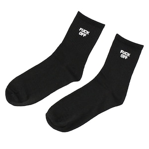 May include: A pair of black socks with the words "FUCK OFF" embroidered in white on the cuff. The socks are made of a ribbed knit material and are displayed against a white background. The socks are a casual style.