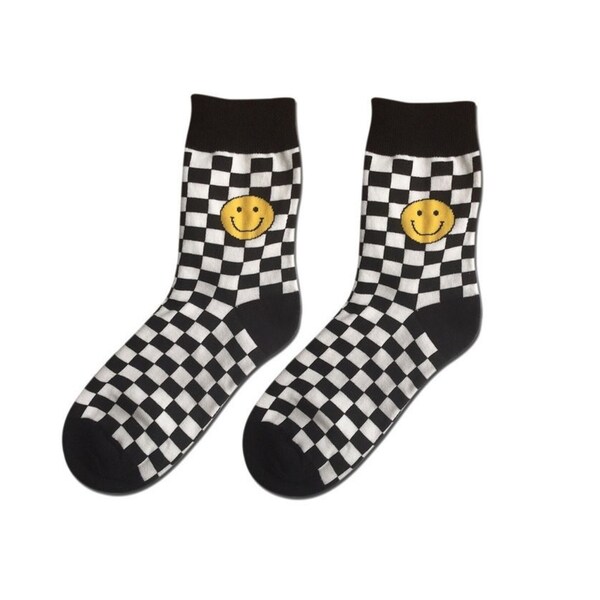 Smiley Ankle Crew Socks - Black/White - DRIKOR