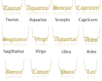 All Zodiac Signs Available in Old English Font Astrology Star Sign Pendant Nameplate Necklace Gold