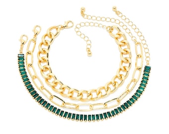 Conjunto elegante de pulseira esmeralda de 3 peças