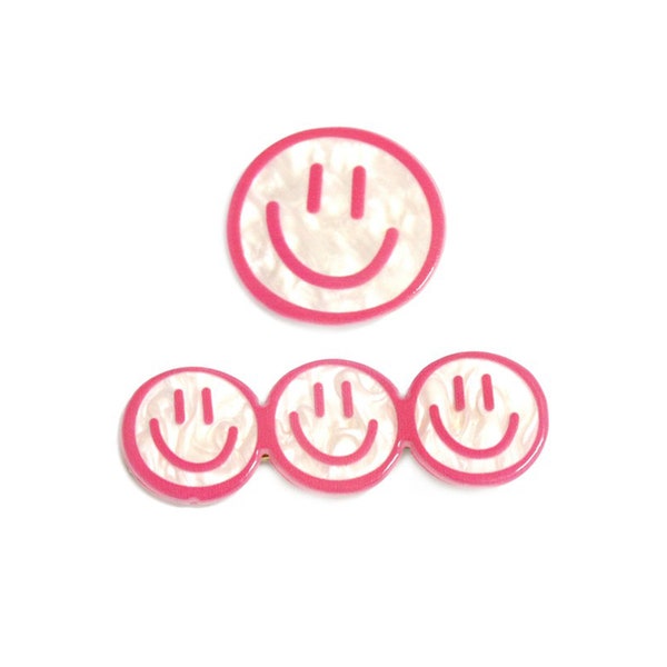 Hot Pink Smiley Happy Face Hair Clip 2 Piece Set