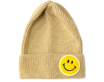 Beige Chenille Patch Smiley/Happy Face Knitted-Beanie Cuffed Fold-Up Beanie Skully Knit Ski Hat Winter Cap