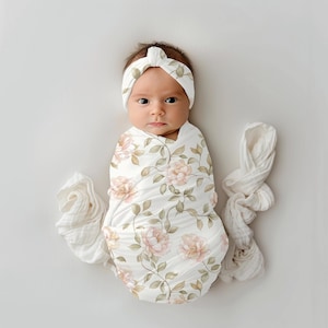 Baby Decke rosa Blumen, Baby Swaddle-Set, Swaddle-Decke, Geschenk für Neugeborene, Baby-Dusche-Geschenk, Swaddle-Set, Krankenhaus Baby