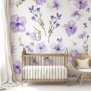 Purple Flower Peel and Stick Wallpaper, Baby Girl Nursery Decor, Baby shower gift, Nursery baby girl, Coquette baby, Wallpaper removable