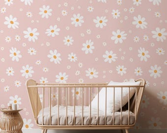 Papel pintado autoadhesivo de margaritas rosas: decoración para la habitación de una niña.