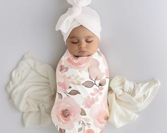 ベビーおくるみブランケットヘッドバンド、花柄おくるみ、新生児