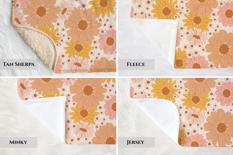 K&ouml;nnte beinhalten: Vier verschiedene Arten von Decken mit einem Blumenmuster. Die Decken werden mit ihren verschiedenen R&uuml;ckenmaterialien gezeigt: braune Sherpa, Fleece, Minky und Jersey.