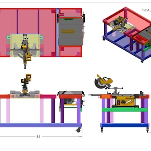 Puede incluir: Una estaci&oacute;n de trabajo de madera con una sierra de mesa y una sierra de inglete. La estaci&oacute;n est&aacute; hecha de madera y tiene un marco morado. La sierra de mesa est&aacute; a la derecha de la estaci&oacute;n y la sierra de inglete est&aacute; a la izquierda. La estaci&oacute;n mide 84 pulgadas de ancho y 37 3/8 pulgadas de alto. ESCALA 0.040