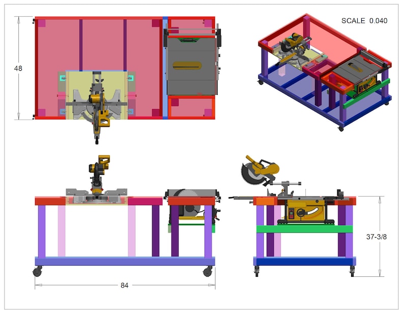 Puede incluir: Una estaci&oacute;n de trabajo de madera con una sierra de mesa y una sierra de inglete. La estaci&oacute;n est&aacute; hecha de madera y tiene un marco morado. La sierra de mesa est&aacute; a la derecha de la estaci&oacute;n y la sierra de inglete est&aacute; a la izquierda. La estaci&oacute;n mide 84 pulgadas de ancho y 37 3/8 pulgadas de alto. ESCALA 0.040