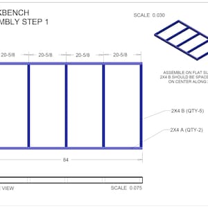 Puede incluir: Diagrama que muestra los pasos de ensamblaje de un banco de trabajo. El diagrama muestra una vista lateral del banco de trabajo con medidas en pulgadas. El banco de trabajo est&aacute; hecho de madera 2x4. El texto "WORKBENCH ASSEMBLY STEP 1" est&aacute; en la parte superior del diagrama. El texto "SCALE 0.030" est&aacute; en la esquina superior derecha del diagrama. El texto "SCALE 0.075" est&aacute; en la esquina inferior derecha del diagrama. El texto "ASSEMBLE ON FLAT SURFACE 2X4 B SHOULD BE SPACED 20-5/8" ON CENTER ALONG 2X4 A" est&aacute; en la esquina superior derecha del diagrama. El texto "2X4 B (QTY-5)" est&aacute; en la esquina superior derecha del diagrama. El texto "2X4 A (QTY-2)" est&aacute; en la esquina superior derecha del diagrama.