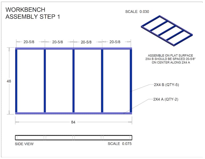Puede incluir: Diagrama que muestra los pasos de ensamblaje de un banco de trabajo. El diagrama muestra una vista lateral del banco de trabajo con medidas en pulgadas. El banco de trabajo est&aacute; hecho de madera 2x4. El texto "WORKBENCH ASSEMBLY STEP 1" est&aacute; en la parte superior del diagrama. El texto "SCALE 0.030" est&aacute; en la esquina superior derecha del diagrama. El texto "SCALE 0.075" est&aacute; en la esquina inferior derecha del diagrama. El texto "ASSEMBLE ON FLAT SURFACE 2X4 B SHOULD BE SPACED 20-5/8" ON CENTER ALONG 2X4 A" est&aacute; en la esquina superior derecha del diagrama. El texto "2X4 B (QTY-5)" est&aacute; en la esquina superior derecha del diagrama. El texto "2X4 A (QTY-2)" est&aacute; en la esquina superior derecha del diagrama.