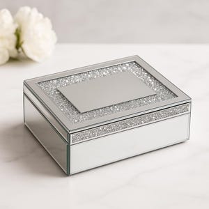 Silver Crystal Mirrored Jewelry Box – Elegant Bling Keepsake Organizer with Lid for Rings, Earrings & Vanity or Dresser Display