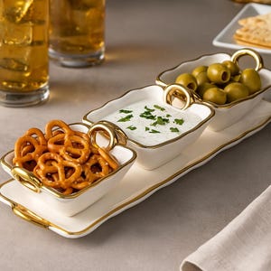 Weiß & Gold 4-teiliges Relish Dish Set - Elegantes Aperitif-Serviertablett für Partys, Feiertage und moderne Tabletop-Unterhaltung
