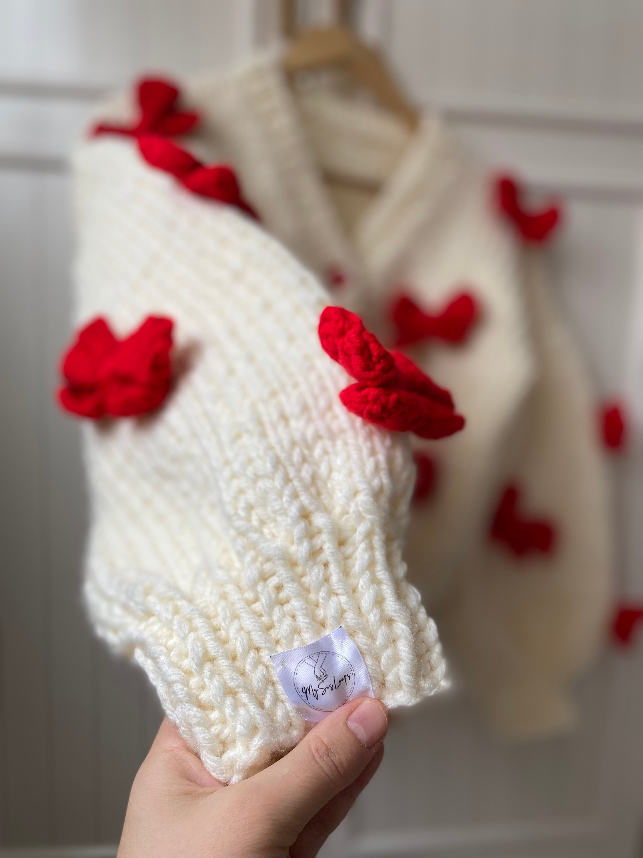 Mysisloops Red Bows Cardigan, Chunky Cropped Cardigan for