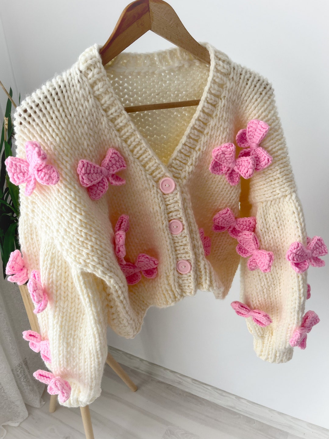 Mysisloops Pink Bows Cardigan, Chunky Cropped Cardigan for