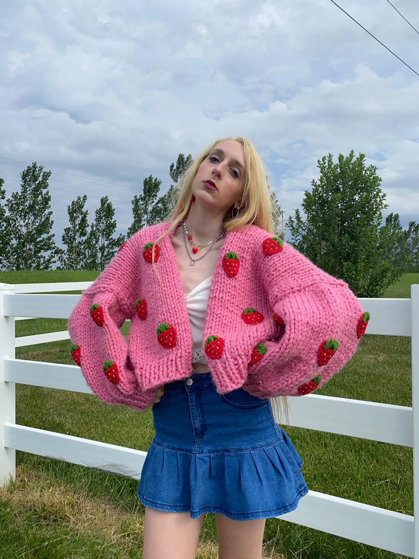 Strawberry Hot Pink Cardigan,strawberry Cardigan ,handmade