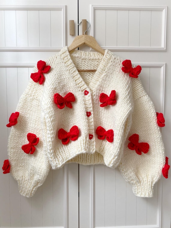 Mysisloops Red Bows Cardigan, Chunky Cropped Cardigan for