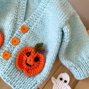 May include: A light blue knitted cardigan with a pumpkin and ghost appliqu&eacute;. The pumpkin is orange with a smiling face and the ghost is white with black eyes.