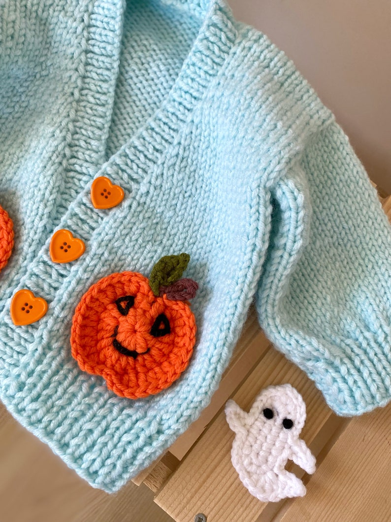 May include: A light blue knitted cardigan with a pumpkin and ghost appliqu&eacute;. The pumpkin is orange with a smiling face and the ghost is white with black eyes.