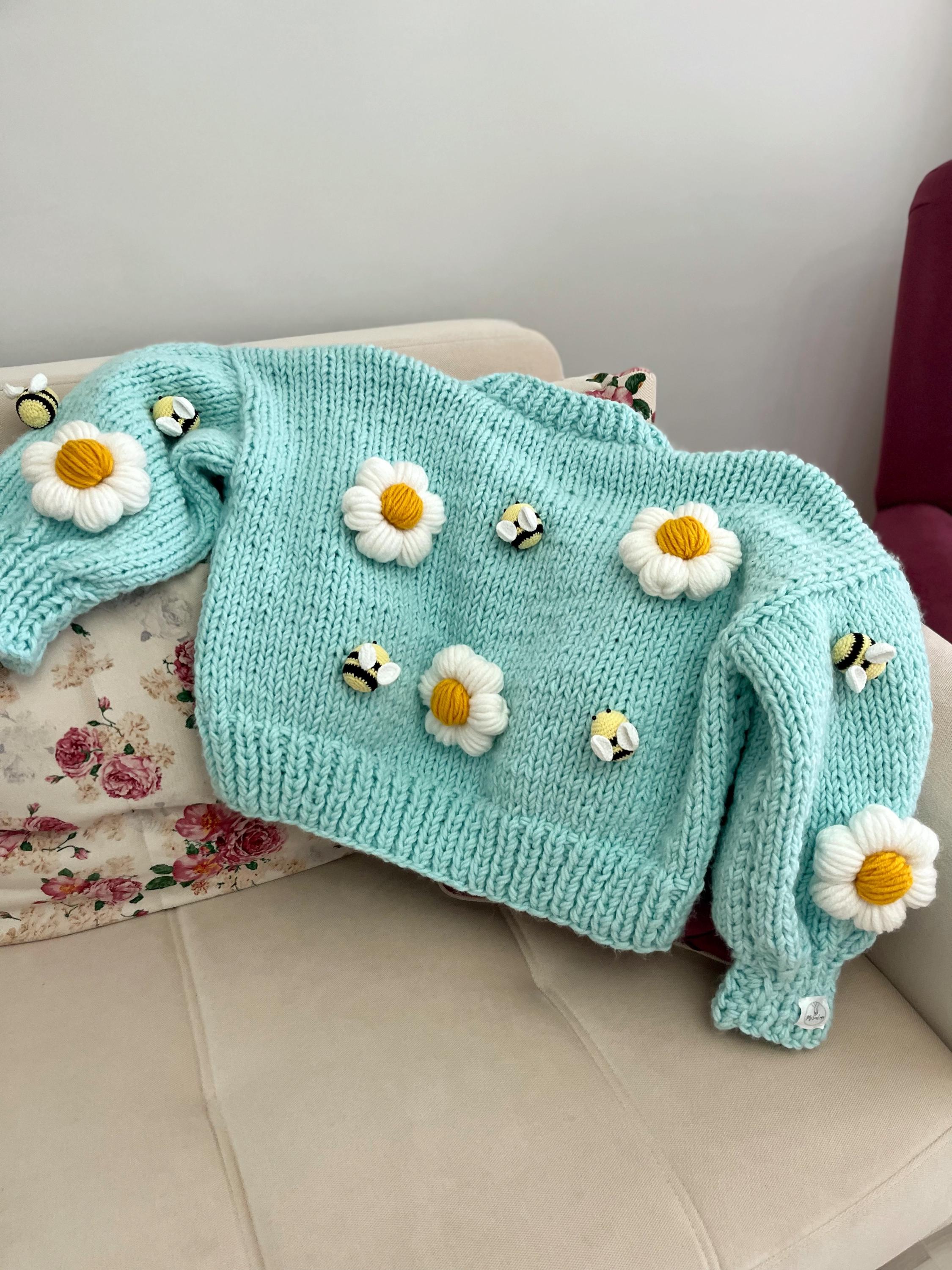 Daisies and Bees Cardigan |handmade Knit Cardigan | Chunky Crochet