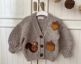 Handmade Baby Cardigan, Autumn Squirrel & Acorn Knit Sweater