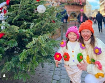 Conjunto de cárdigan de punto con margaritas para madre e hija: chaqueta gruesa con estampado floral