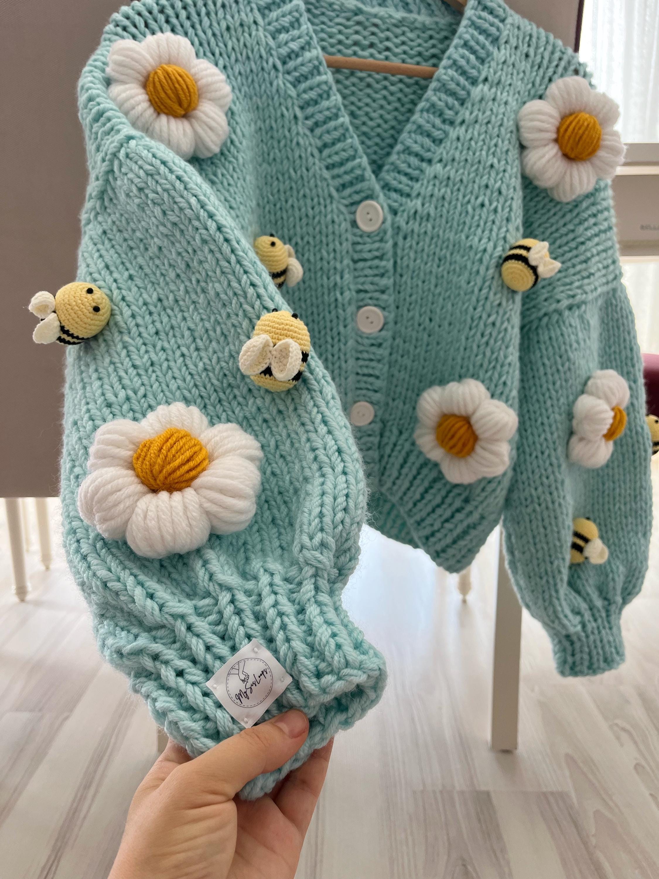 Daisies and Bees Cardigan |handmade Knit Cardigan | Chunky Crochet