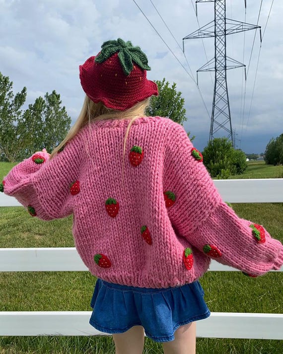 Strawberry Hot Pink Cardigan,strawberry Cardigan ,handmade