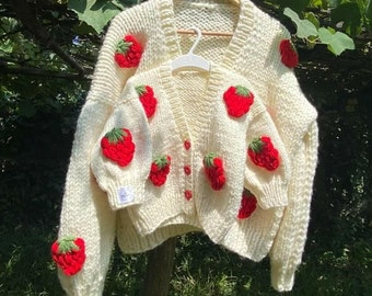 Cárdigan de punto de fresa: chaqueta gruesa a juego para mamá y bebé