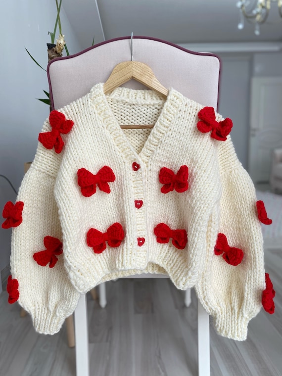 Mysisloops Red Bows Cardigan, Chunky Cropped Cardigan for