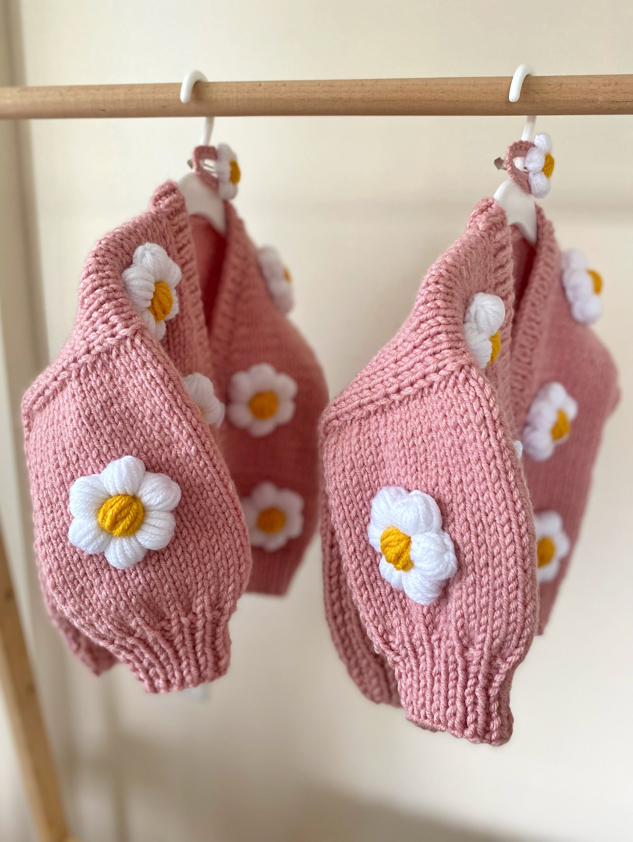 Daisy Knit Jacket, Chunky Knit Product, Handmade Daisy Pink