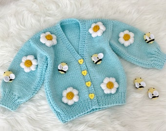 Daisies and Bees Cardigan, Baby Girl Cardigan, Handmade Floral Cardigan, Baby Knit Jacket, Baby Girl Clothing, Baby Gift, Newborn Gift