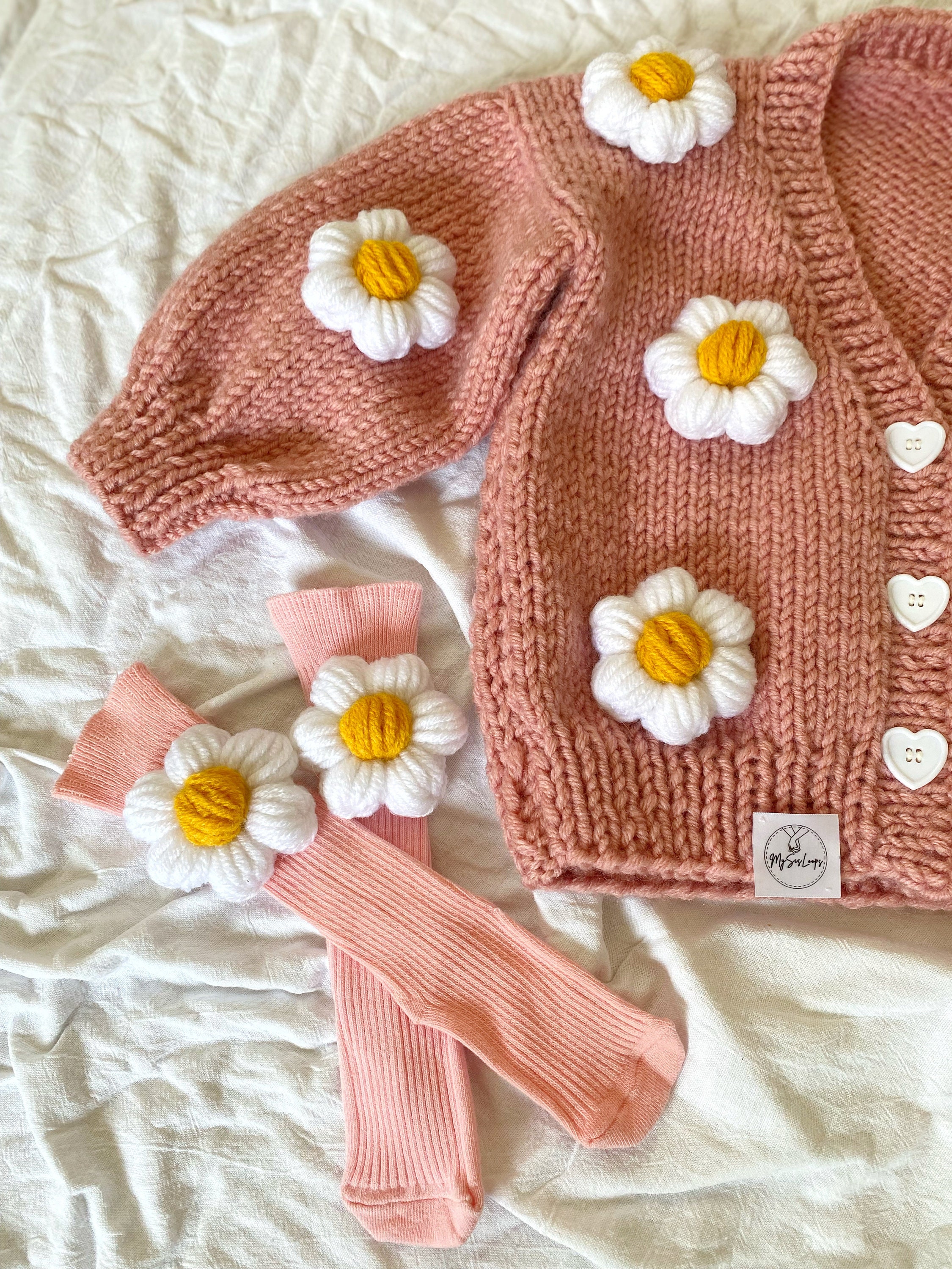 Daisy Knit Jacket, Chunky Knit Product, Handmade Daisy Pink