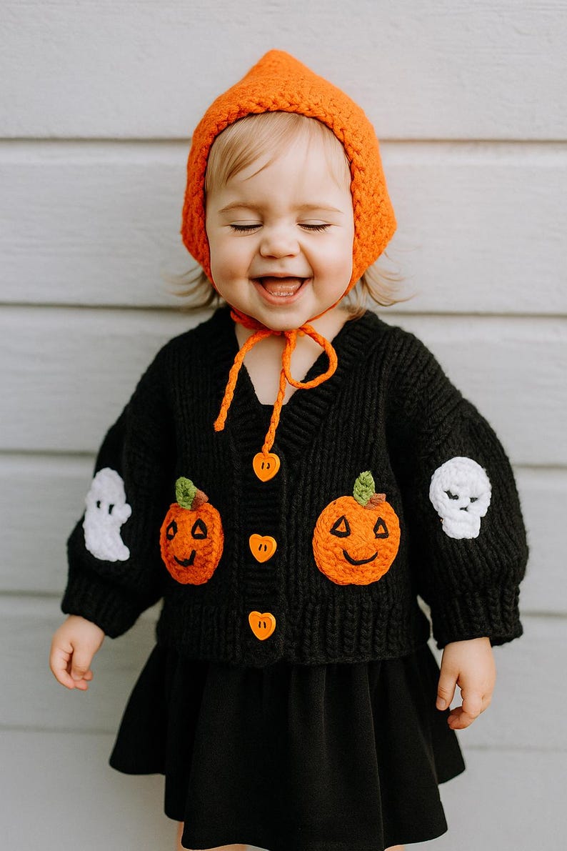 Halloween Baby Knit Cardigan , Baby Knit Sweater, Unisex Baby Clothes, Kids Winter Sweater , Handmade Baby Cardigan, Gifts for Kids image 5