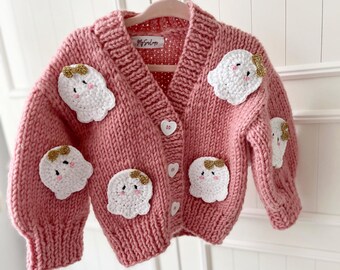 Cárdigan de punto para bebé hecho a mano – Aplicaciones de fantasmas de ganchillo, atuendo de Halloween