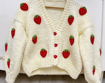 Strawberry Cardigan | Handmade | Christmas Gift For Women | Oversized Chunky Cardigan | Balloon Sleeve Cardigan