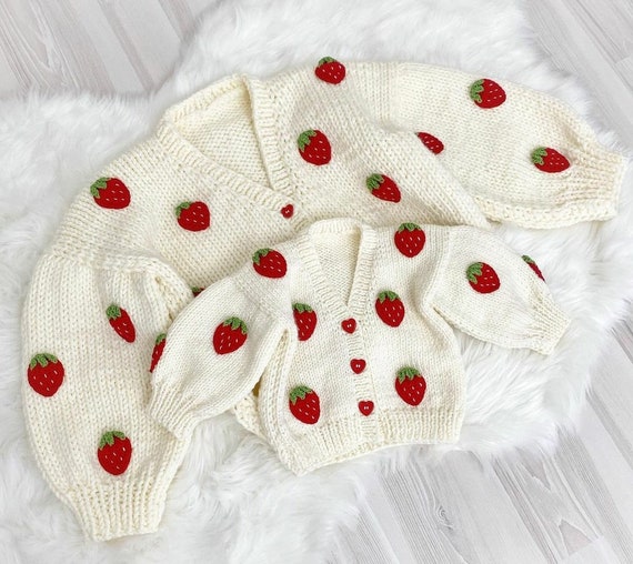 Mother daughter Strawberry Cardigan Combination chunky Cardigan knit Cardigan knit Jacket mom and Daughter Combination Etsy UK