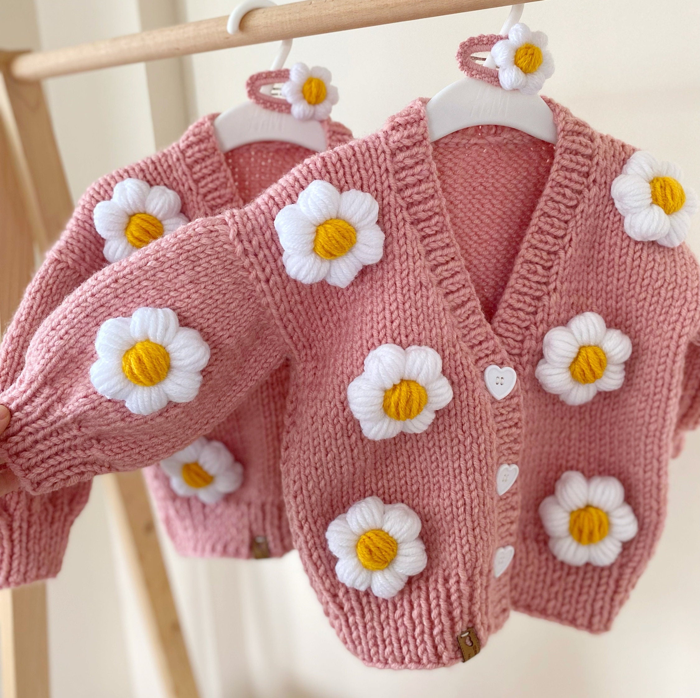 Daisy Knit Jacket, Chunky Knit Product, Handmade Daisy Pink
