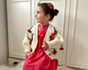 Cherry Cardigan ,Girl Cherry Cardigan,White Pattern Sweater,Easy Cardigan Suit,Birthday Gift,Baby Gift, Christmas Gift