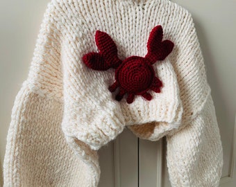 Cárdigan de cangrejo hecho a mano: Chaqueta corta de mezcla de lana de punto grueso