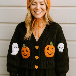 Handgjord Halloweenvirkad kofta, stickad pumpaspöketröja