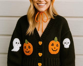 Cárdigan de ganchillo hecho a mano para Halloween, suéter de punto con fantasma de calabaza