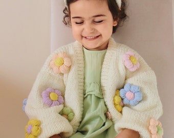 Soft Floral Cardigan Set, Knitted Handmade Baby Flower Cardigan, Cream Color Cardigan, Daisy Cardigan, Socks, Buckle set, 3-piece set