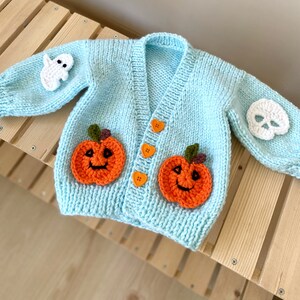 May include: A light blue knitted cardigan with pumpkin and ghost appliques. The cardigan has heart-shaped buttons and is perfect for a Halloween costume.