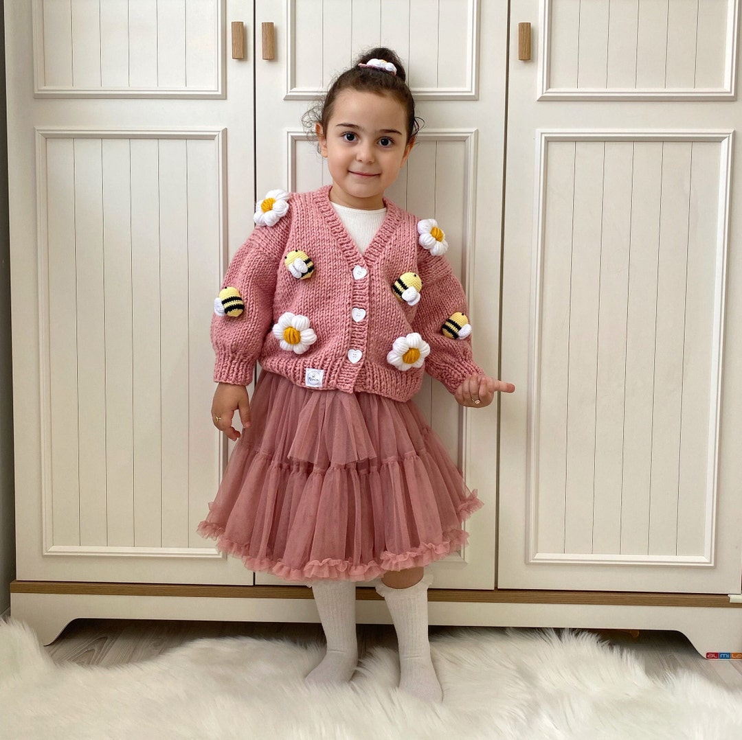 Daisies and Bees Cardigan, Baby Girl Cardigan, Handmade Flower Cardigan