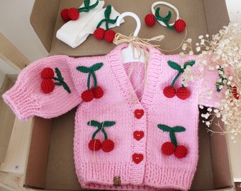 Cherry Pink Cardigan ,Girl Cherry Cardigan,Pink Pattern Sweater,Easy Cardigan Suit,Birthday Gift,Baby Gift