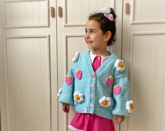 Strawberry Garden ,Baby Girl Cardigan , Handmade Foral Cardigan ,Daisy Flower Cardigan,Strawberry Jacket, Baby Girl Clothing ,Baby Gift