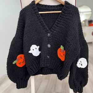 Halloween Crochet Cardigan ,Handmade Black Chunky Sweater with Pumpkins & Ghosts,Oversized Balloon Sleeve Fall Jacket,Spooky Season Knitwear